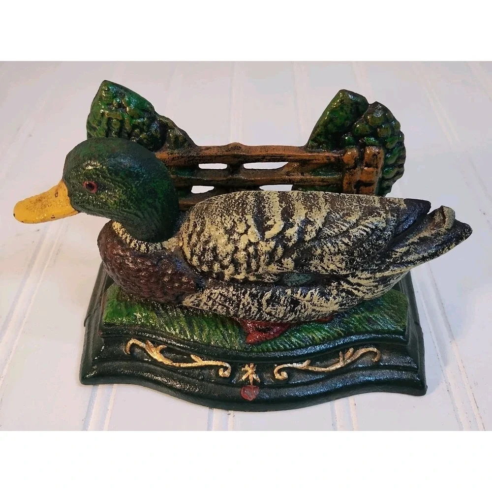 Vintage Wright Studios Cast Iron Mallard Duck Napkin & Letter Holder Home Decor